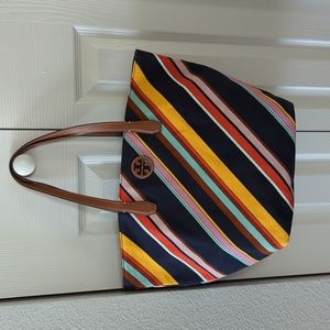 Tory Burch Canvas Tote Blue Yellow Red Pink Stripes